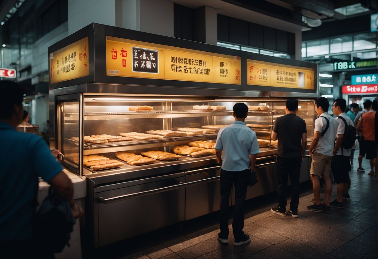 A brightly lit oven with promotional signage, surrounded by eager customers in a bustling Singapore market