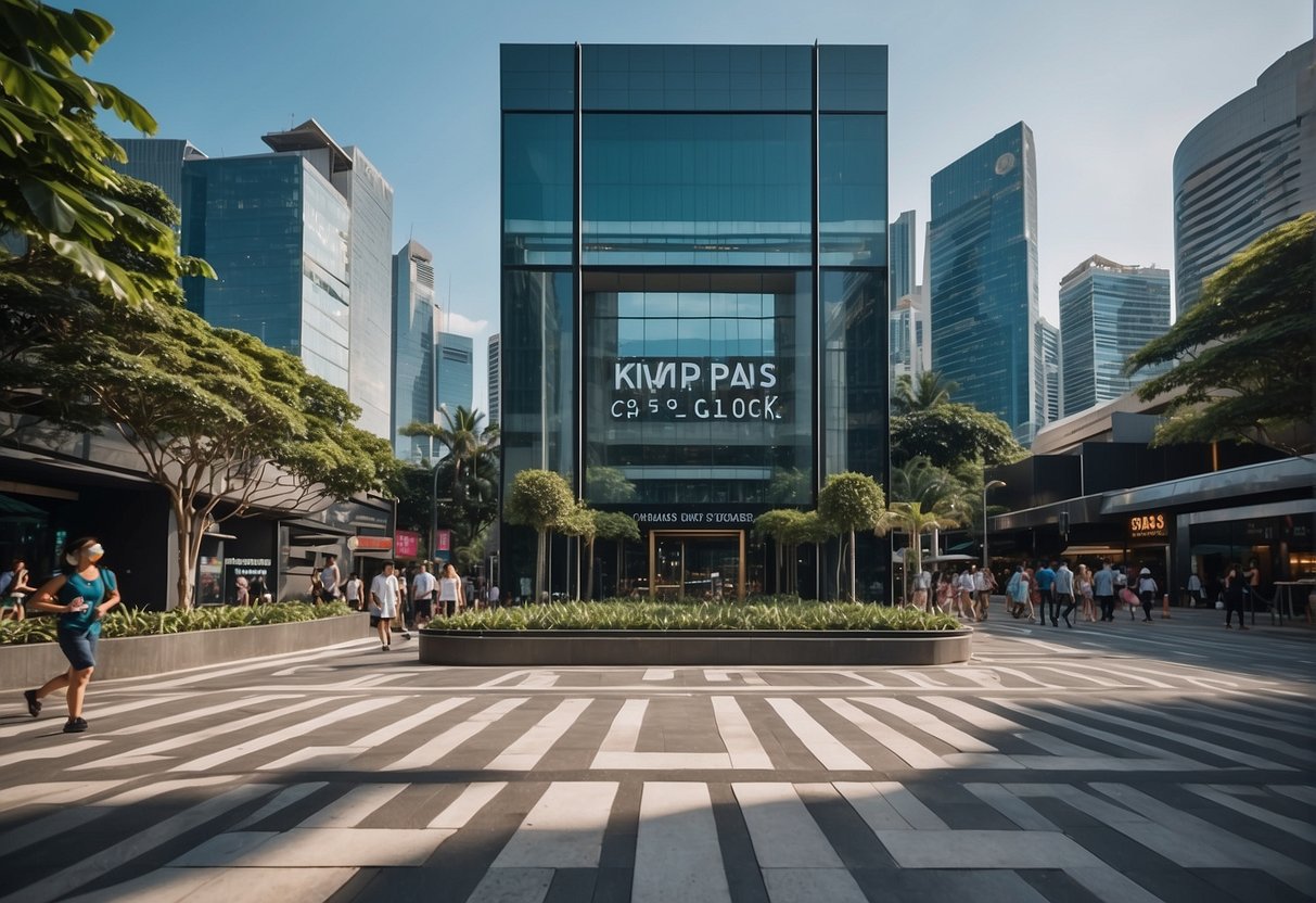 A vibrant, bustling city scene in Singapore in May 2024, with prominent ClassPass promotional signage displayed in various locations