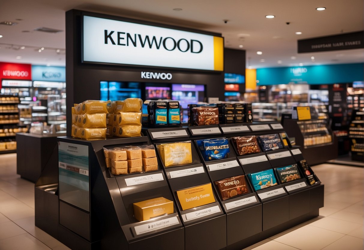 A colorful display of Kenwood products with promotional signage in a bustling Singapore store