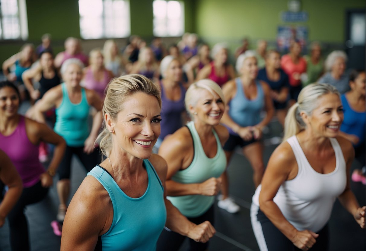 People of various ages and fitness levels participating in a high-energy fitness class, surrounded by colorful exercise equipment and motivational posters