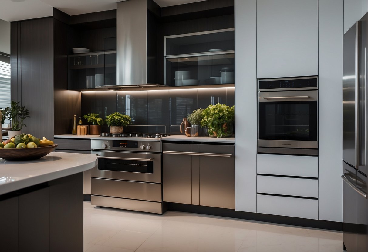A modern kitchen with a sleek, stainless steel oven prominently displayed, surrounded by various other home appliances. Bright promotional signs and banners highlight special offers for ovens in Singapore