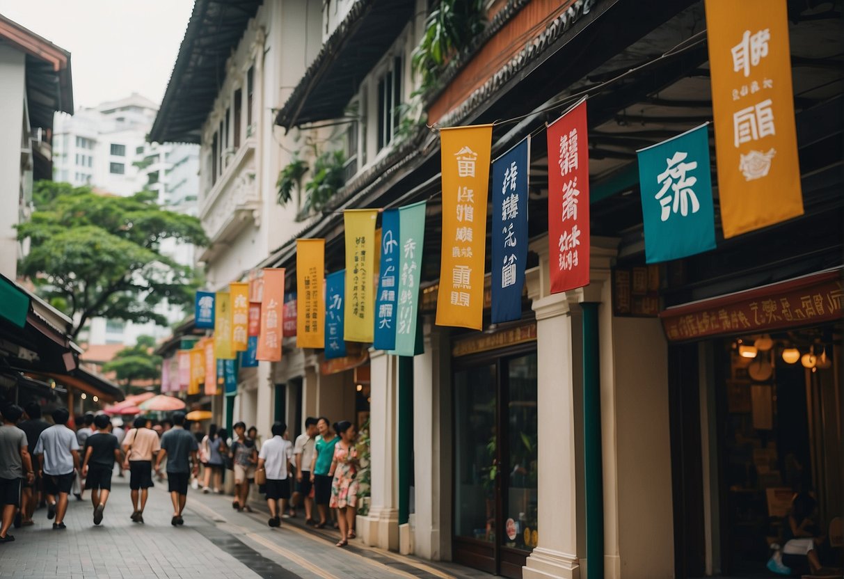 The bustling streets of old town Singapore, lined with colorful banners and signs promoting membership benefits for local businesses