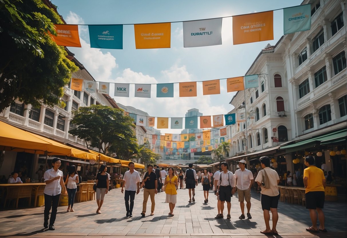 A bustling old town square in Singapore, with colorful banners promoting events and attractions. Tourists and locals mingle, browsing information booths
