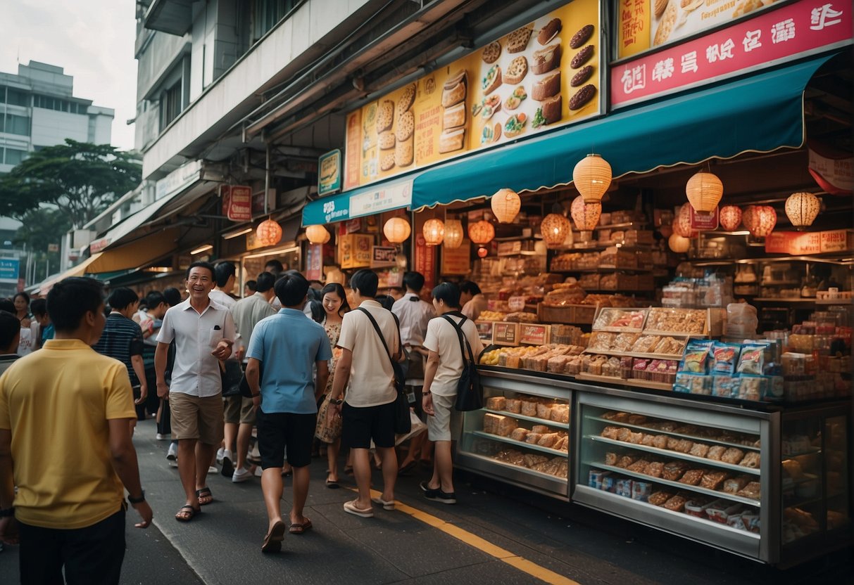 A bustling street in Singapore adorned with colorful banners and signs advertising Famous Amos promotions. The storefront is crowded with eager customers