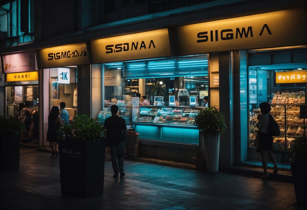 A bustling city street in Singapore, with vibrant neon lights illuminating a display of Sigma camera lenses in a storefront window
