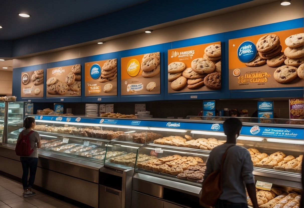Famous Amos store with bold "Exclusive 2024 Promotions" signage, showcasing various cookie flavors and enticing discounts. Crowd of customers eagerly browsing and purchasing