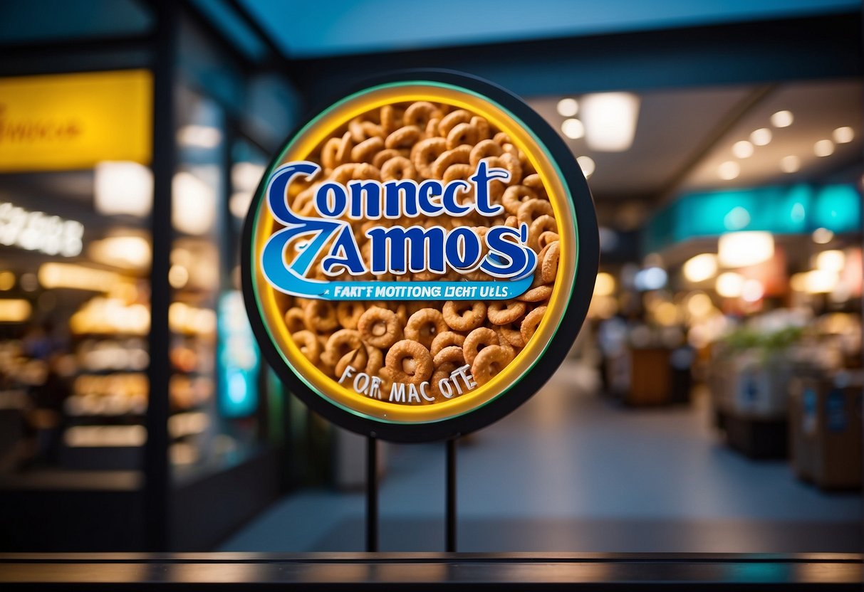 A colorful signboard with the words "Connect with Us for More Sweet Deals" and "famous amos promotions singapore" displayed prominently