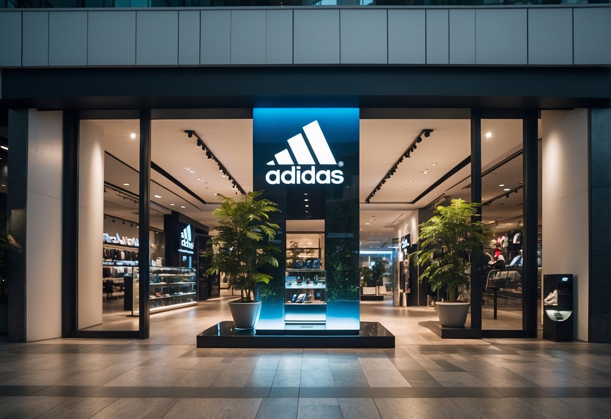 A sleek Adidas store with bold signage, showcasing exclusive promotions in Singapore