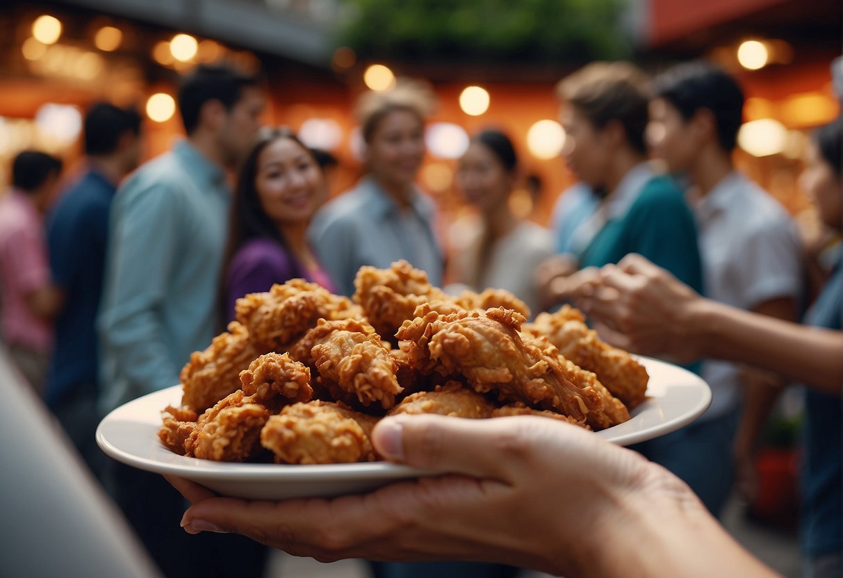 Customers flocking to 4Fingers, excitedly grabbing discount vouchers. The aroma of fried chicken fills the air as people eagerly line up