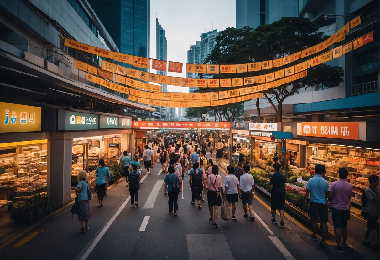 A bustling city street in Singapore with colorful banners and signs promoting JML products