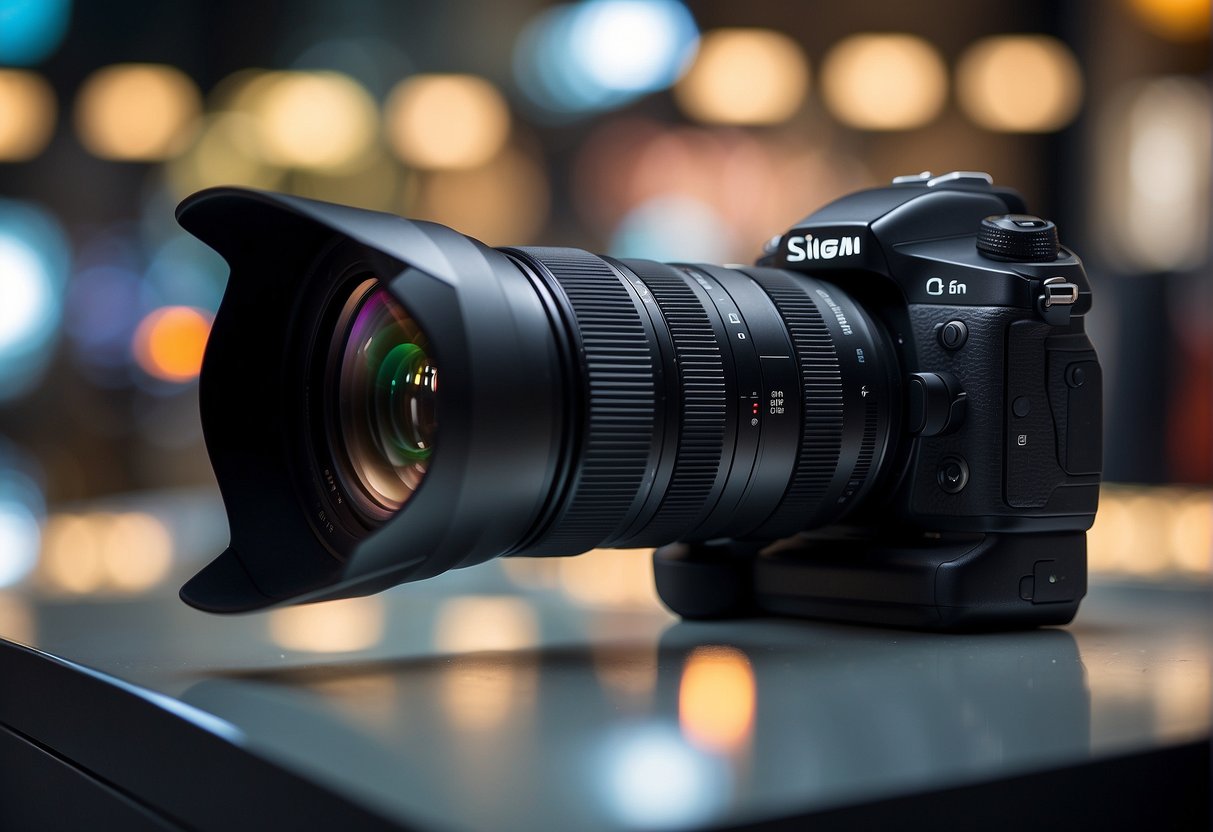 A sleek and modern sigma lens displayed in a vibrant Singapore setting, showcasing the latest advancements in lens technology