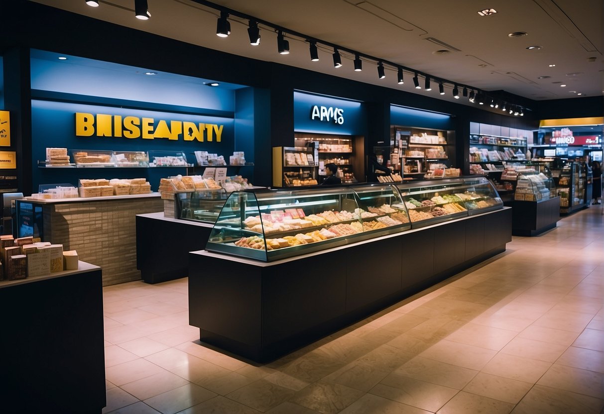 A bustling store with "Frequently Asked Questions" signage, Amos brand products, and promotional displays in vibrant Singapore