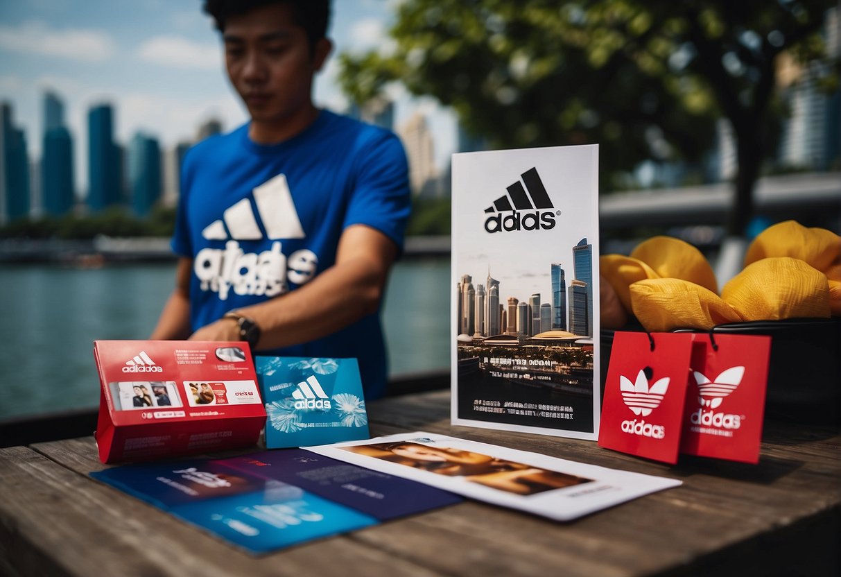 A person receiving exclusive rewards and discounts from Adidas Loyalty Program, surrounded by promotional materials and a vibrant Singapore backdrop