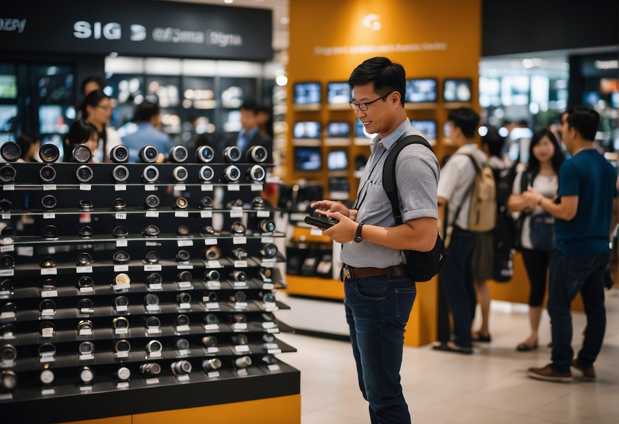 A display of Sigma lens promotions in a bustling Singapore store, with customers browsing and staff assisting