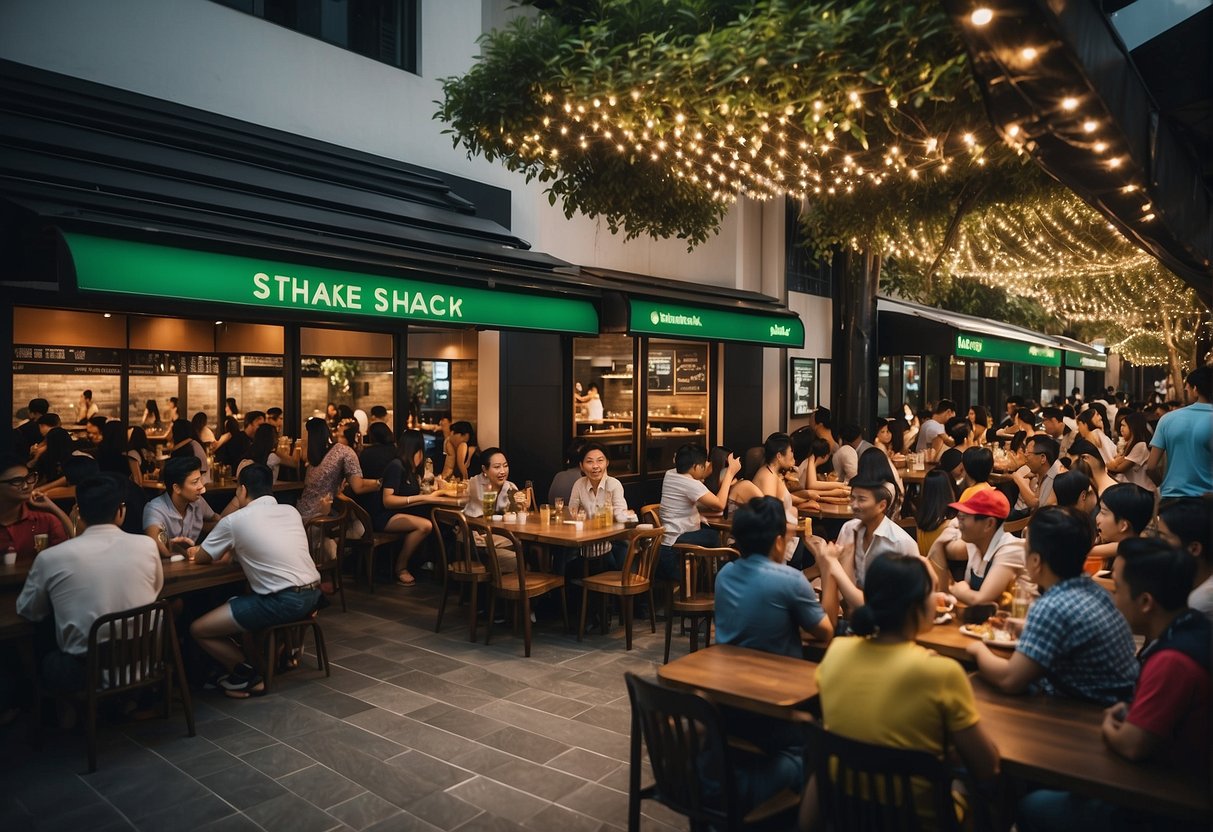 A bustling Shake Shack restaurant in Singapore with colorful promotional displays and a line of customers eagerly waiting to order