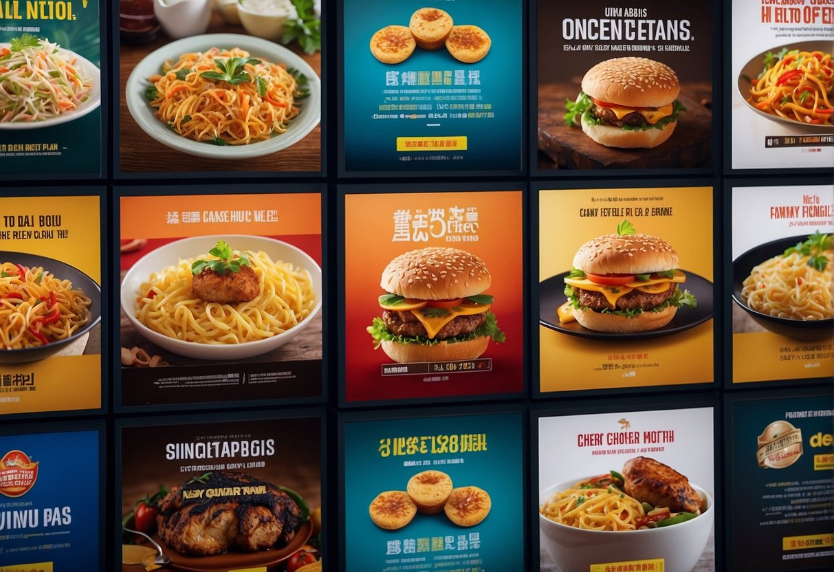 A colorful array of promotional posters for oven deals in Singapore, with bold text and enticing images