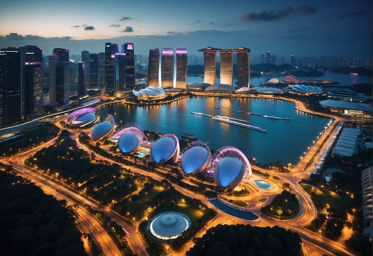 A vibrant cityscape with iconic Singapore landmarks, adorned with 2024 promotional banners by JML Promotions