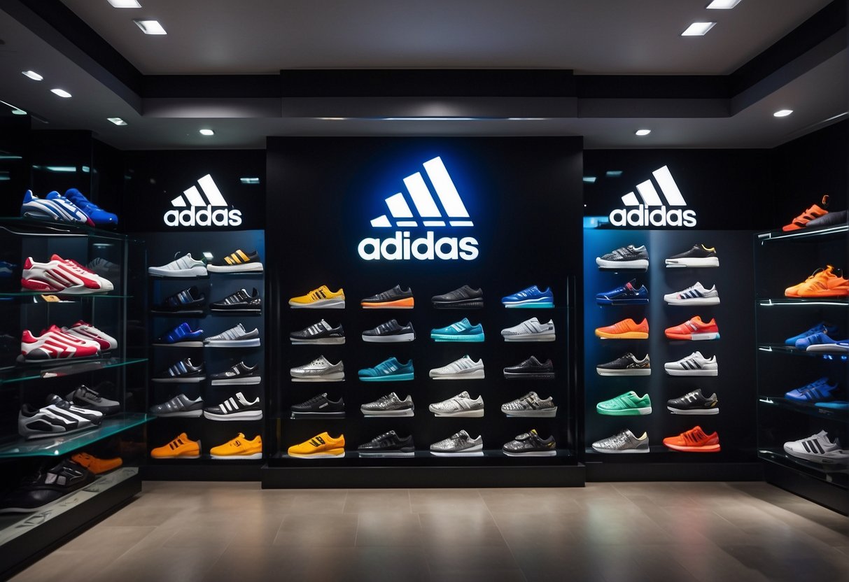 A vibrant display of adidas products with promotional signage in a bustling Singapore store