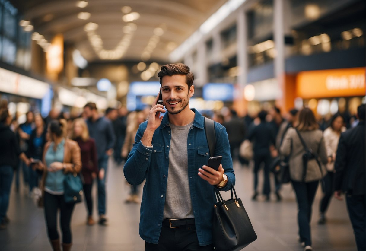 Shoppers use apps at a bustling event, surrounded by promotional displays and engaging activities