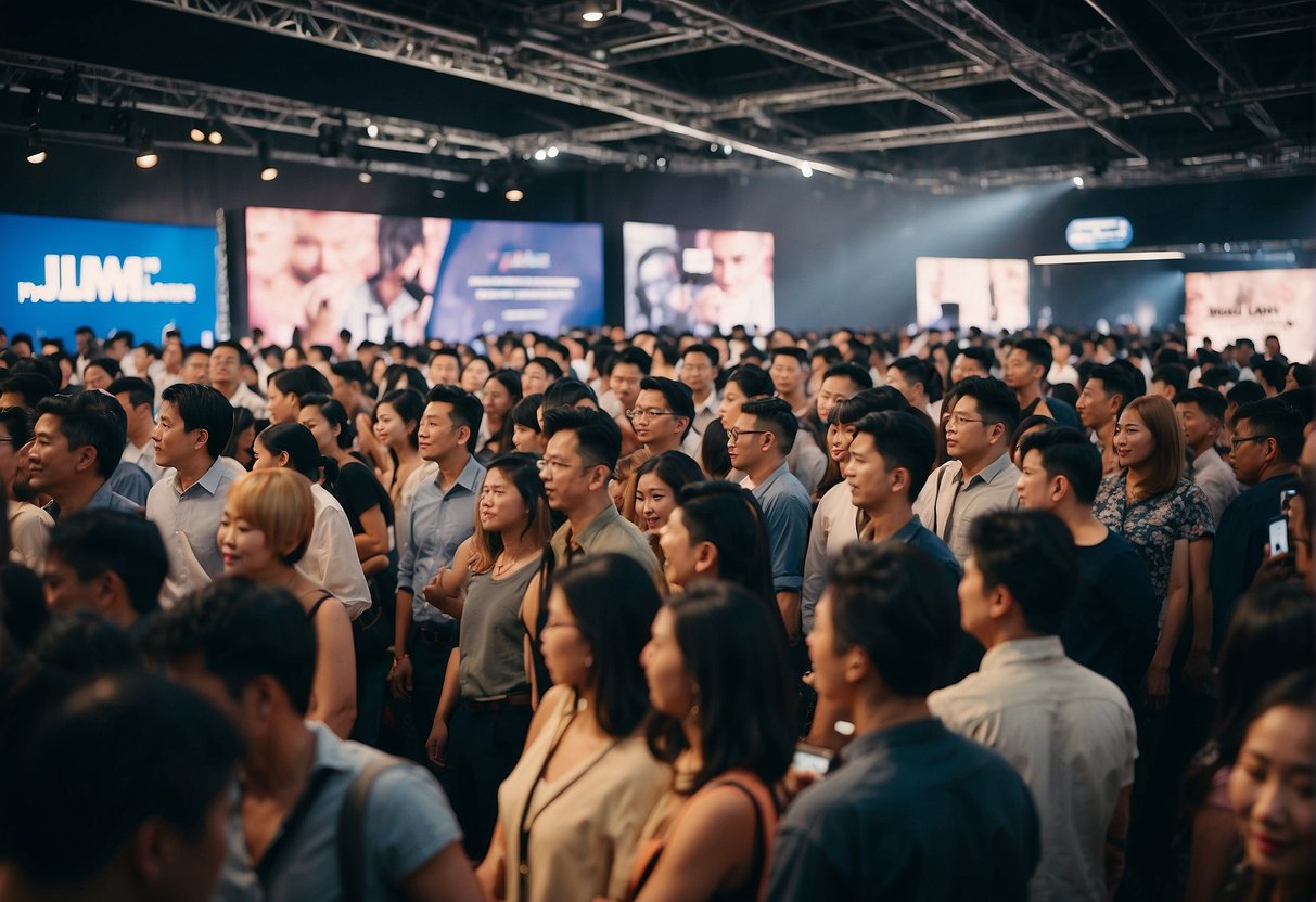 A crowded event venue with people lining up to ask questions at the jml promotions booth in Singapore