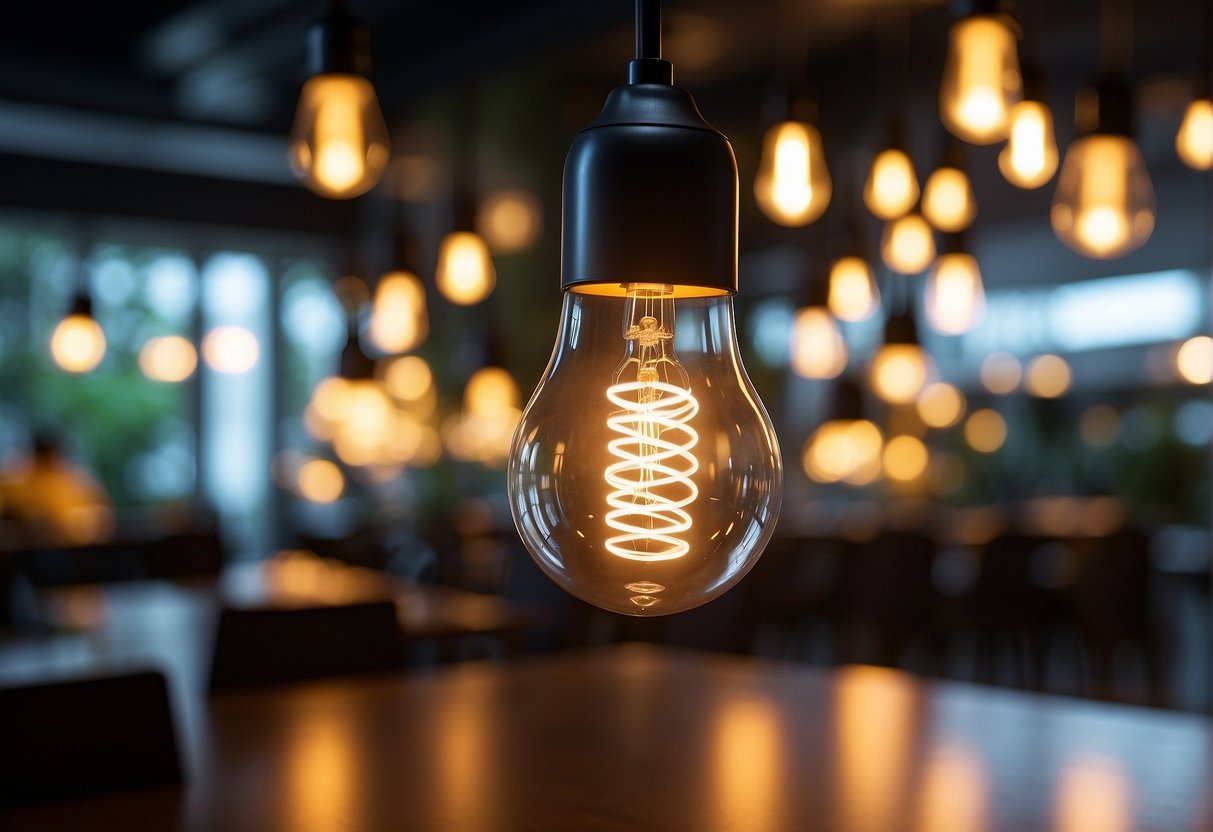 A glowing light bulb surrounded by promotional banners for Singapore electricity deals