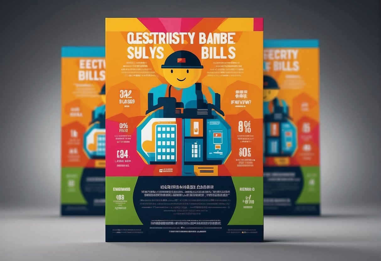 A bright and colorful flyer showcasing the latest promotions for electricity bills in Singapore. The flyer features eye-catching graphics and bold text highlighting the savings and benefits for potential customers