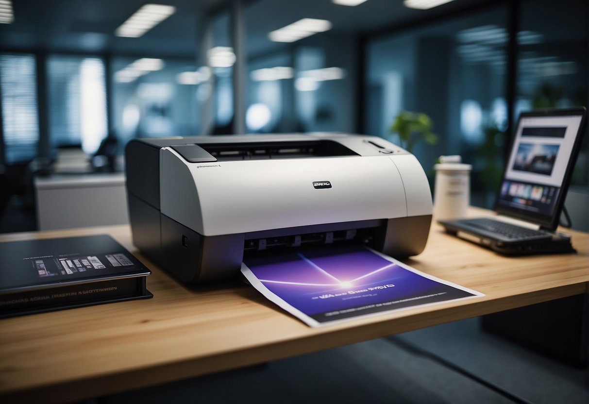 A laser printer sits on a desk surrounded by promotional materials in a Singapore office