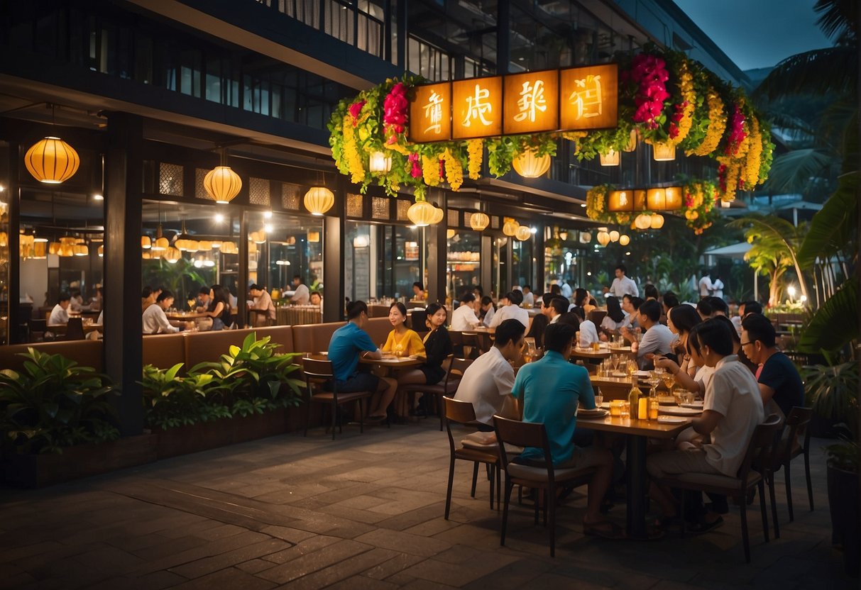 A bustling restaurant with vibrant decor and a prominent "Lei Garden Promotions" sign in Singapore. Tables are filled with diners enjoying a variety of delicious dishes