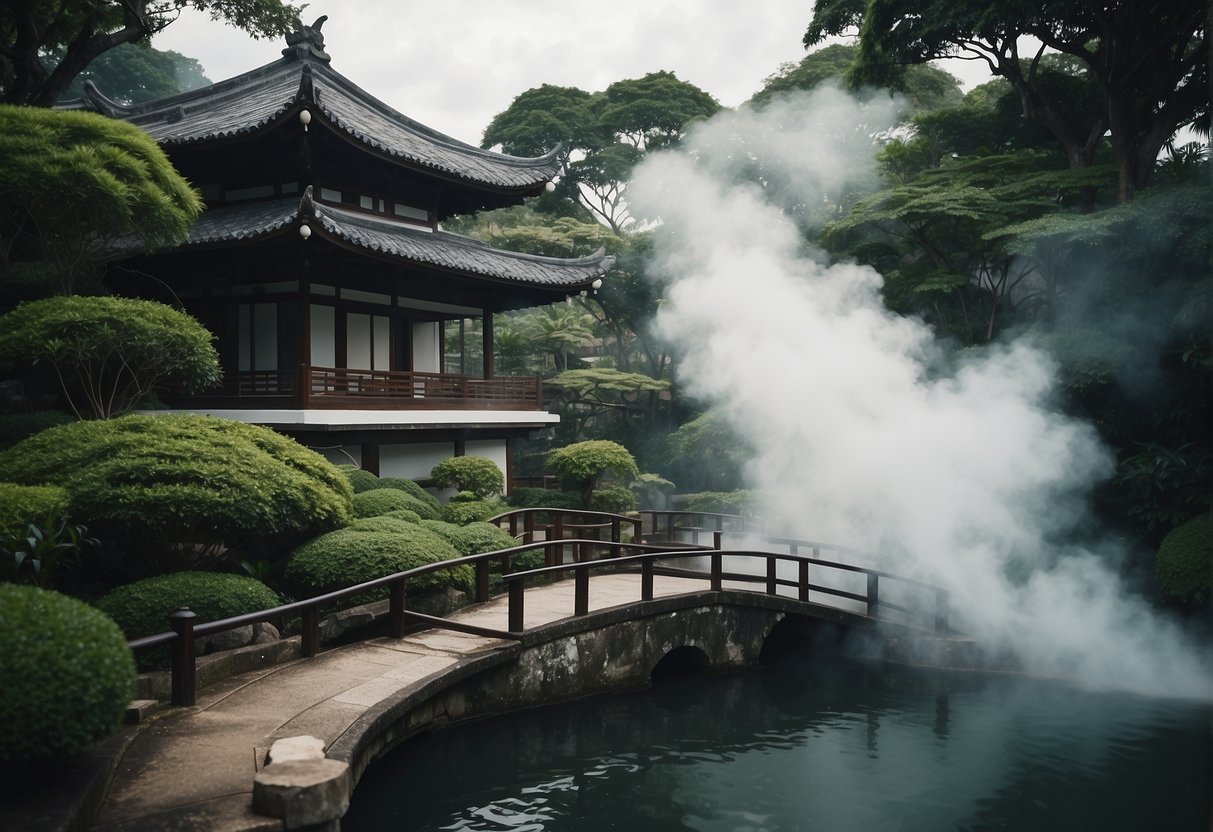 Steam rises from hot springs in a tranquil Japanese garden with traditional architecture and lush greenery, promoting onsen relaxation in Singapore