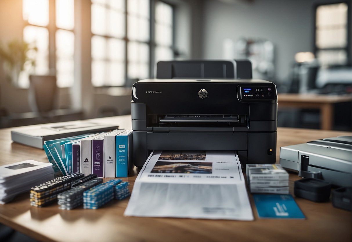 A sleek HP laser printer sits on a desk, surrounded by stacks of paper and ink cartridges. A bright promotional banner hangs above, highlighting the latest deals