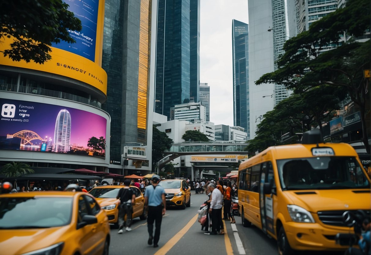A vibrant cityscape with Synology promotional banners and bustling crowds in Singapore