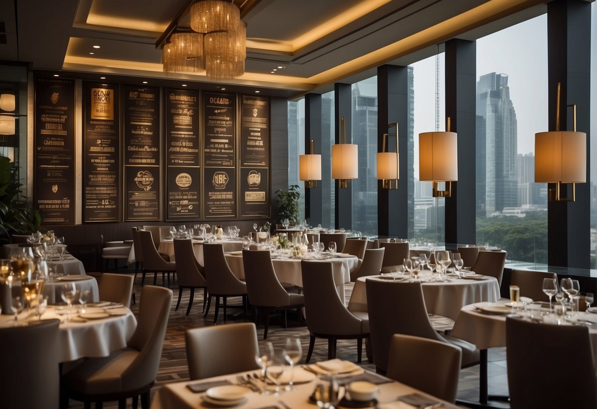 The elegant dining room at Oscar's Conrad Centennial in Singapore is adorned with promotional banners and signs, showcasing exclusive dining offers