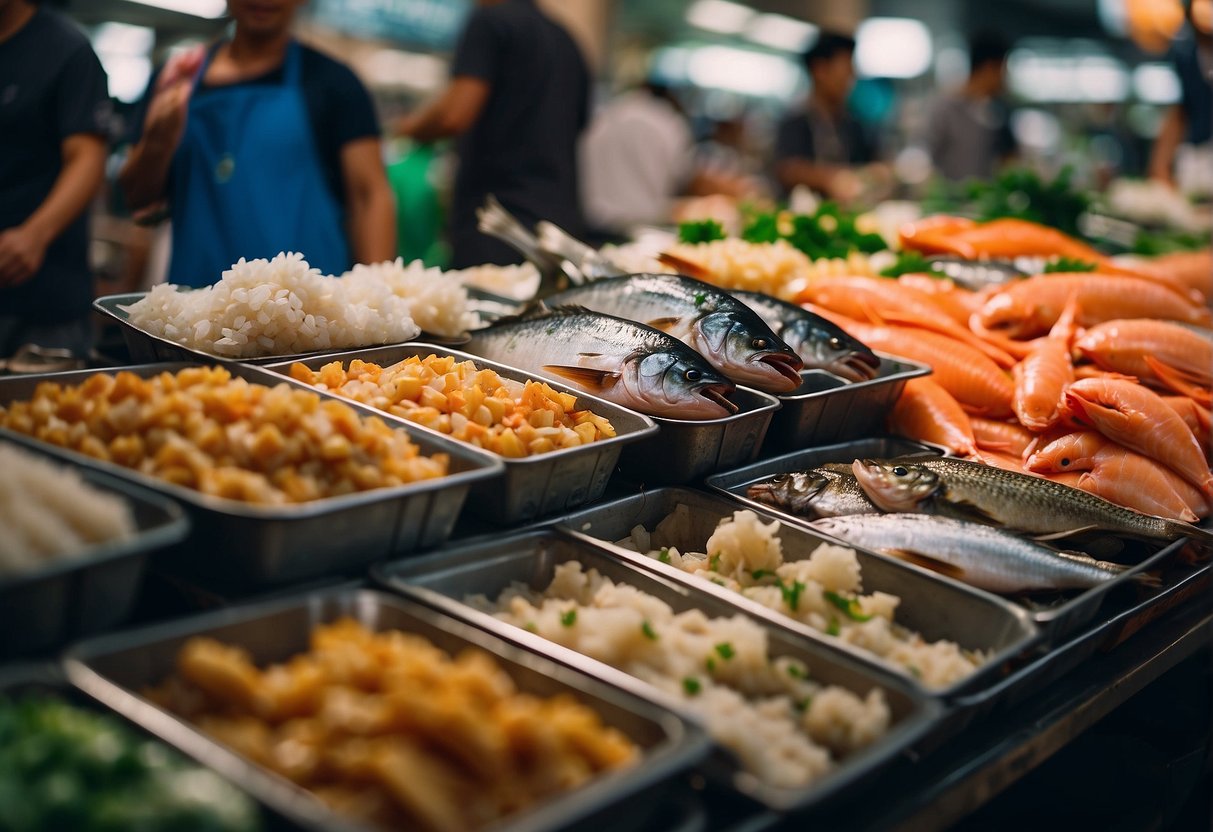A bustling seafood market with vibrant displays of fresh fish and colorful ingredients for Kei Kaisendon promotions in Singapore
