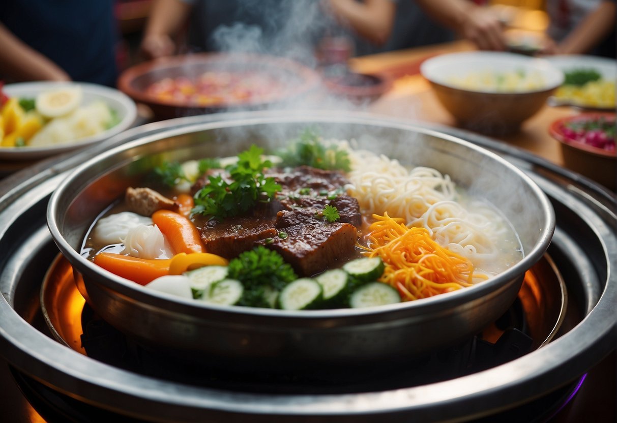 A steaming hotpot brimming with colorful ingredients, surrounded by happy diners at Paradise Hotpot Promotions in Singapore
