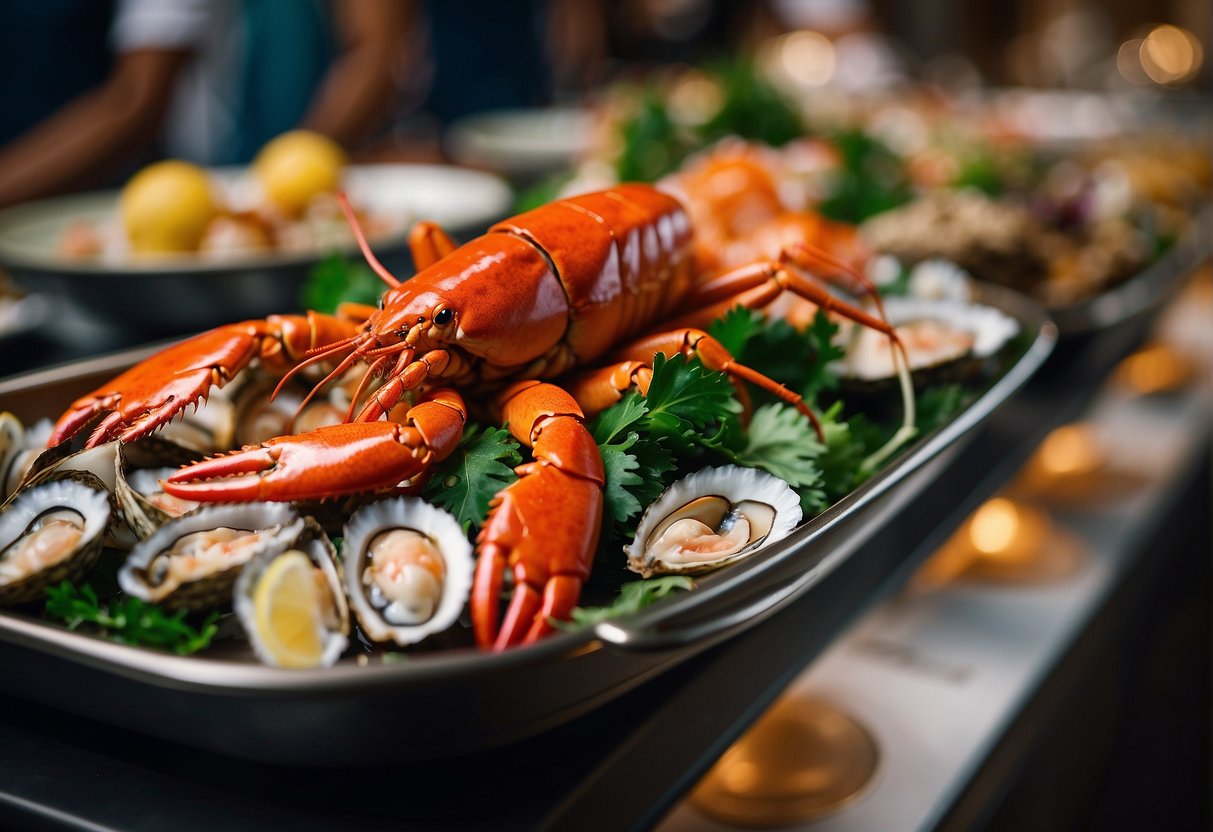 A lavish seafood buffet spread with lobsters, oysters, and crabs, set against a backdrop of a bustling Singaporean restaurant with elegant decor and vibrant atmosphere
