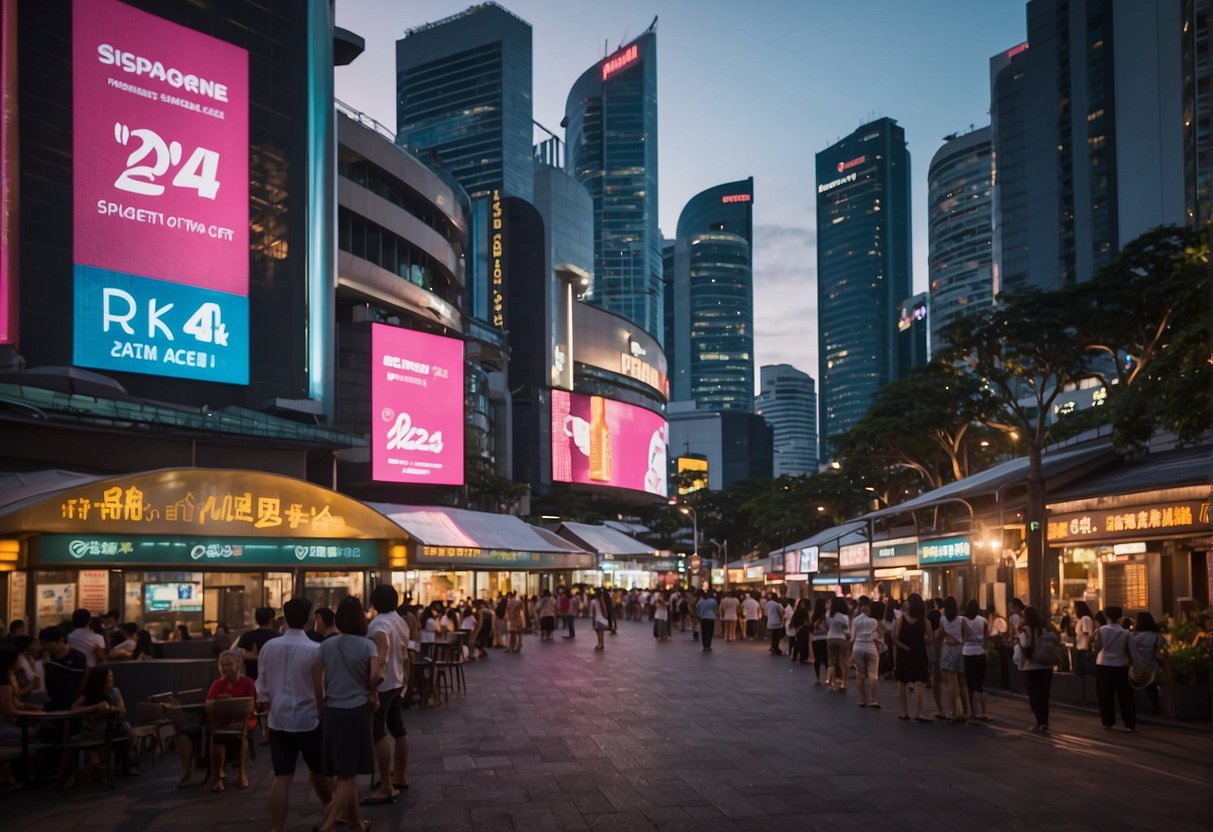 Vibrant cityscape with prominent "2024 Promotions" signage atop a bustling street in Singapore. Bright lights and energetic atmosphere capture the essence of the unmissable event