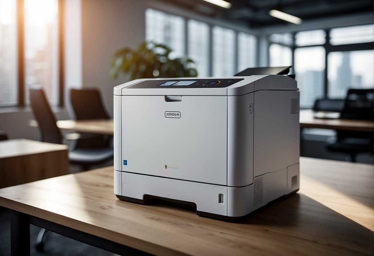 A laser printer with advanced features, such as wireless connectivity and high-speed printing, sits on a sleek desk in a modern office setting