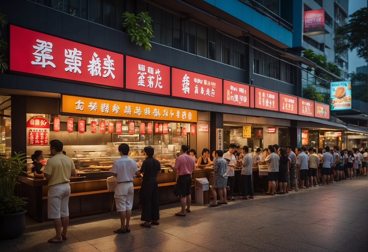 A bustling restaurant with colorful banners and signs promoting the 2024 Paradise Hotpot promotions in Singapore. Customers are eagerly lining up outside the entrance