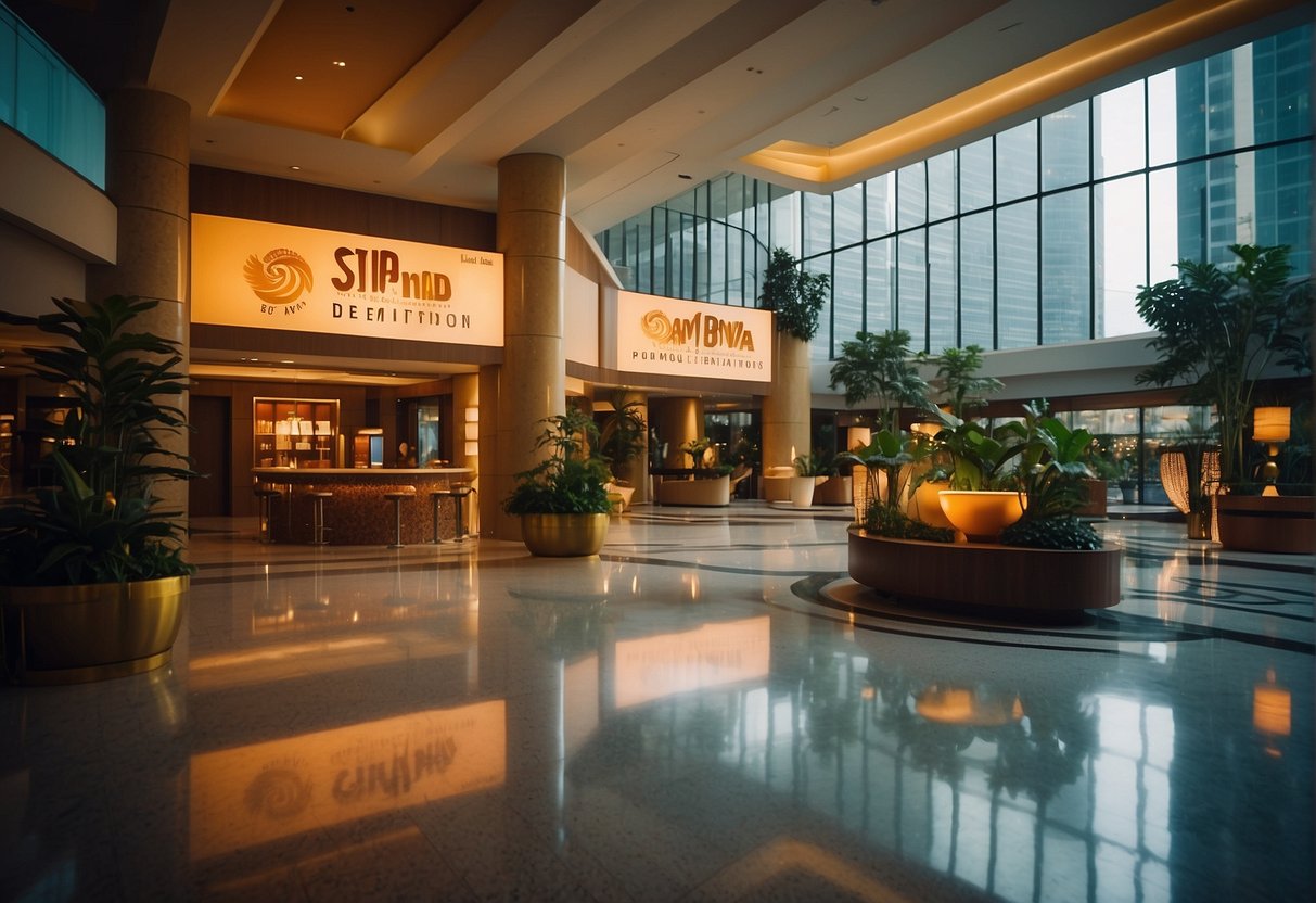 A vibrant hotel lobby with "Stay and Save" signs, showcasing Conrad Centennial's promotions in Singapore