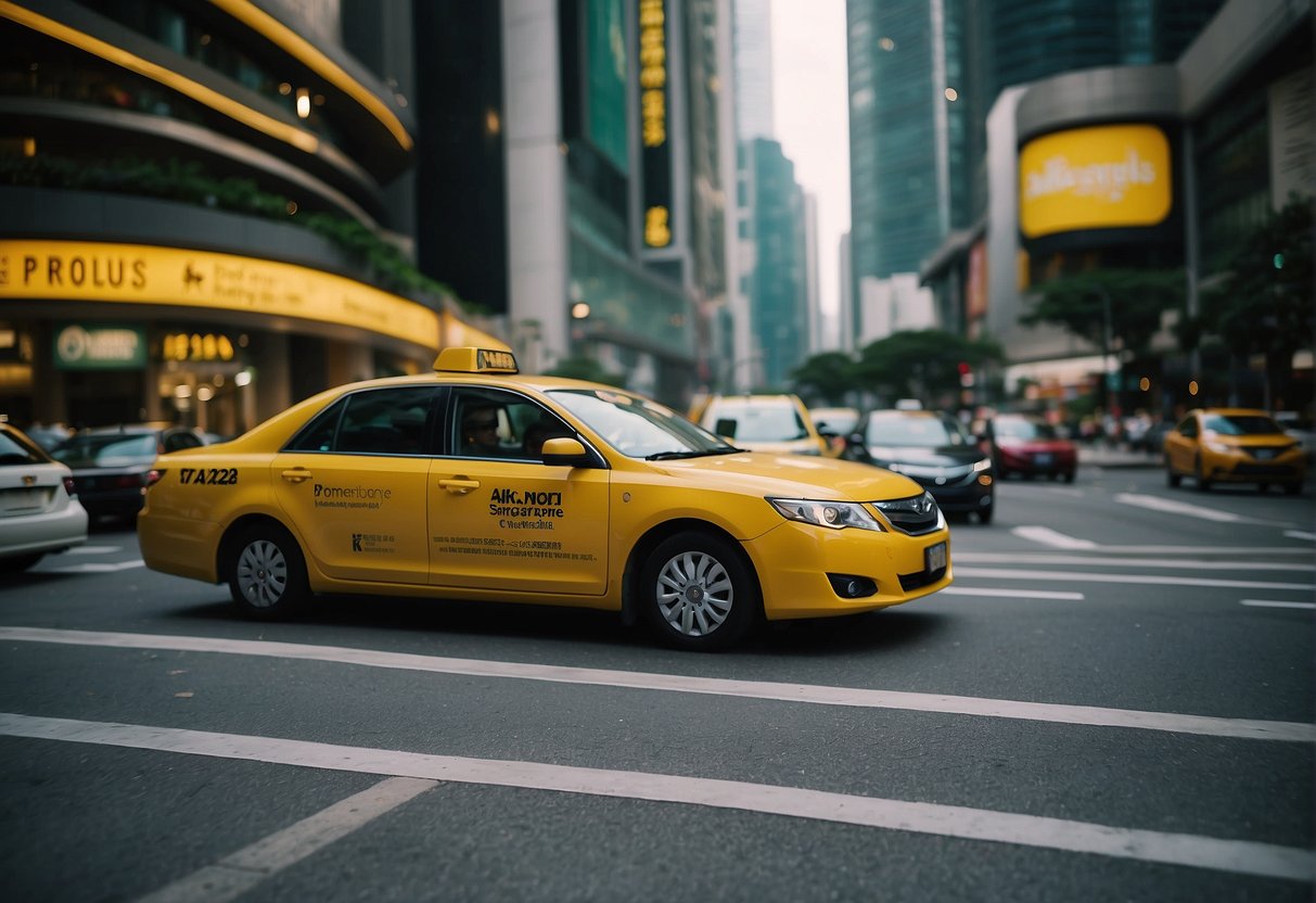 A bright yellow taxi with "Promotions Singapore" signage drives through a bustling city street, surrounded by skyscrapers and vibrant advertising