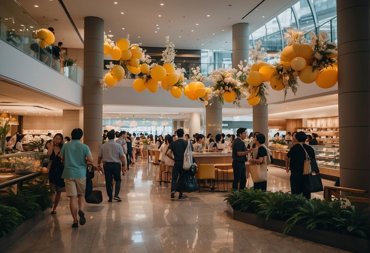 The bustling grand opening of Kei Kaisendon at Marina Square, with vibrant decorations and excited customers enjoying the promotions