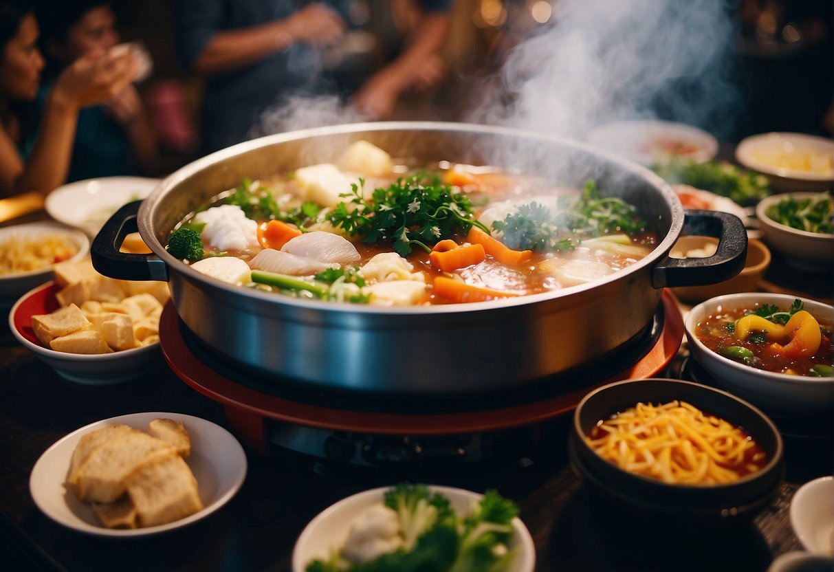A steaming hotpot filled with a variety of fresh ingredients, surrounded by colorful promotional signs and happy customers enjoying the all-you-can-eat delights in a bustling Singapore restaurant
