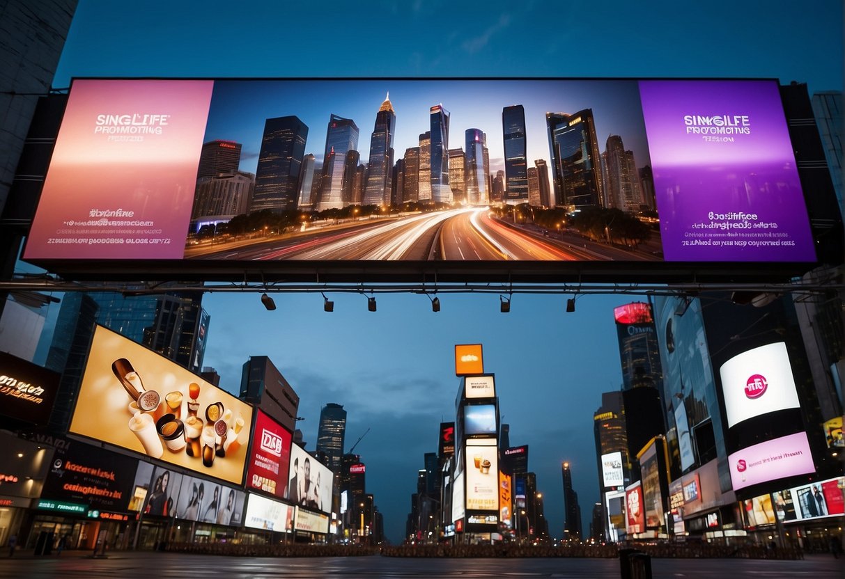 A vibrant cityscape with Singlife promotions displayed on billboards and digital screens, surrounded by bustling streets and lively energy