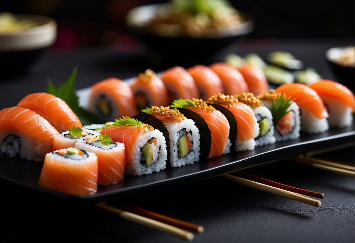 A vibrant display of assorted sushi rolls and sashimi atop sleek black platters, set against a backdrop of elegant Japanese decor