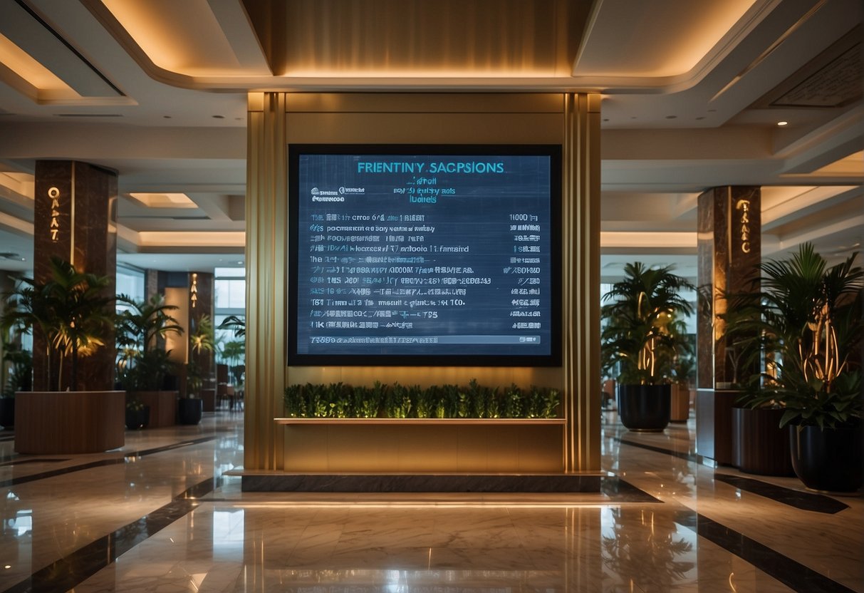 A bustling hotel lobby with a prominent "Frequently Asked Questions" board next to a display of Conrad Centennial promotions in Singapore