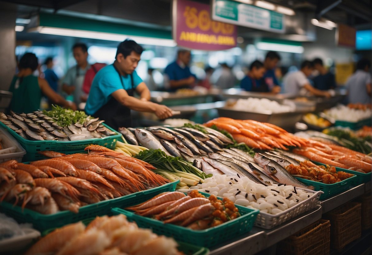 A bustling seafood market in Singapore, with colorful displays of fresh fish and promotional signs for Exclusive 2024 Seafood Promotions and Fish & Co
