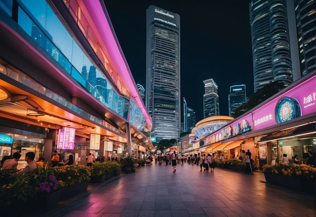 A vibrant cityscape with iconic landmarks, bustling streets, and colorful signage, capturing the energy and excitement of Singapore's vibrant photo shoot promotions