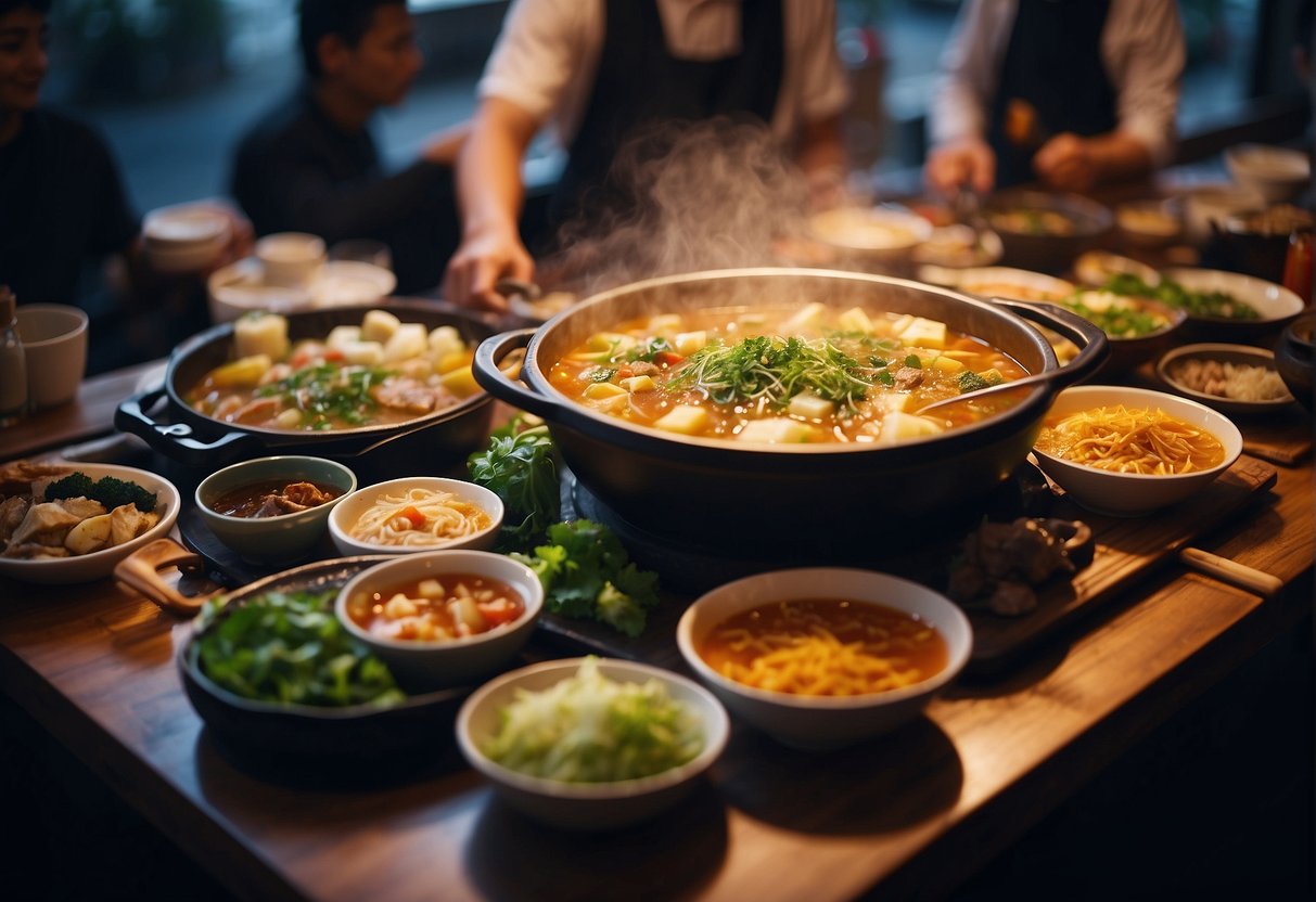 A colorful and bustling hotpot restaurant with customers enjoying promotional deals