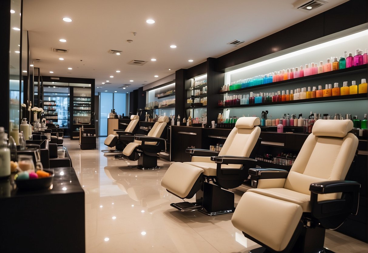 A salon in Singapore offering pedicure promotions, with colorful nail polish bottles displayed on shelves and comfortable chairs for customers