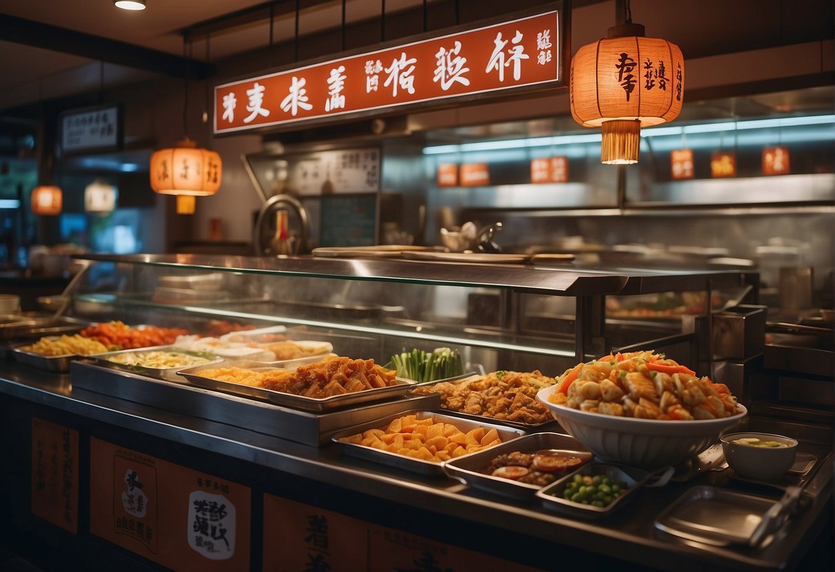 A bustling Singaporean restaurant with a vibrant display of Kei Kaisendon promotions, featuring colorful seafood and enticing signage